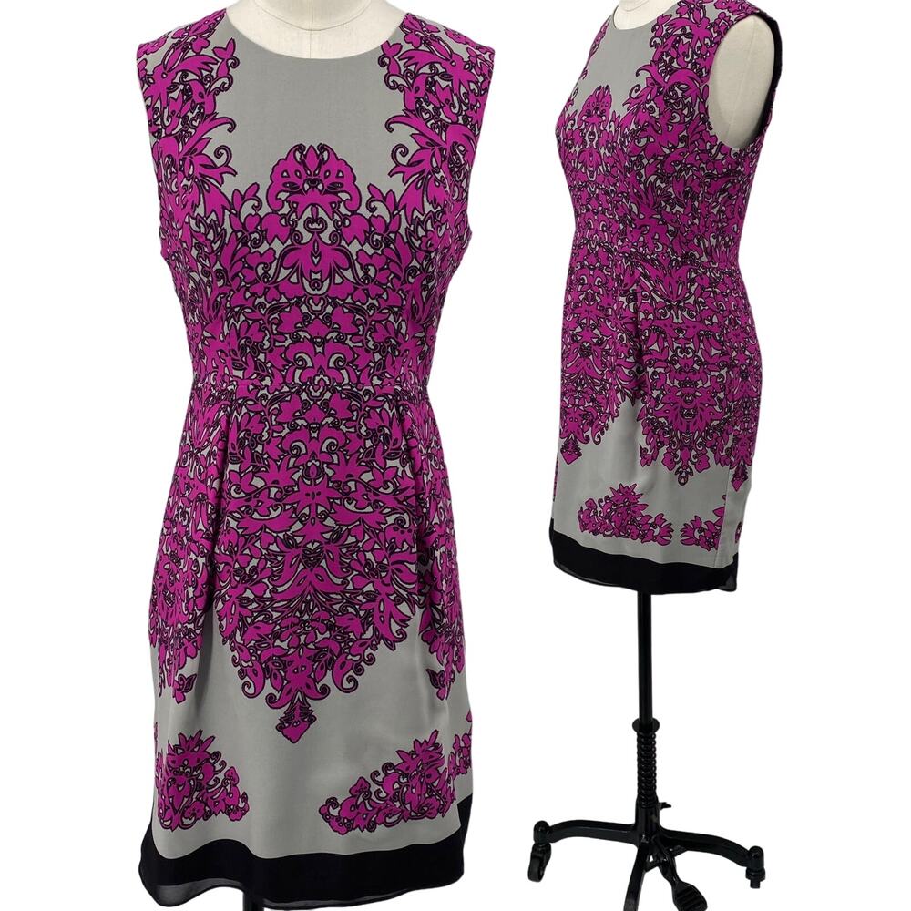Milly Silk Sheath Dress Sleeveless Baroque Damask Floral Purple Grey Womens 4